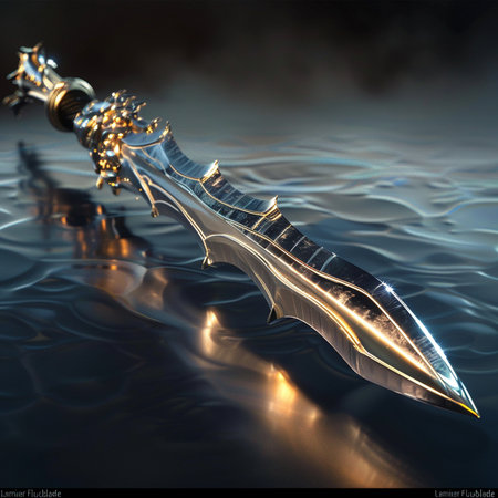 3D illustration of a fantasy sword in the water with a reflectionの素材