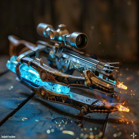 Futuristic gun on a wooden background with sparks. 3d renderingの素材