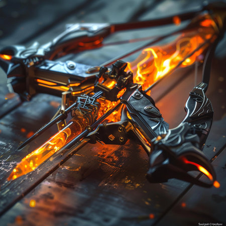 Flaming medieval pistol on a wooden background. Close-up.の素材