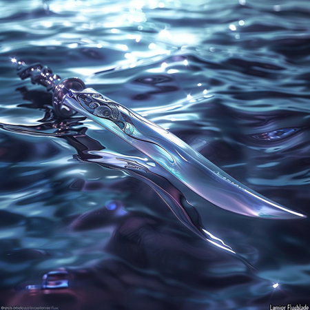Digital illustration of sword in water with reflection. 3D rendering.の素材
