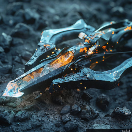 Glittering steel tongs with sparks on the background of coalの素材