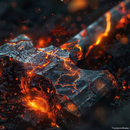 Burning coals in the fireplace. Fire background. Close up.の素材