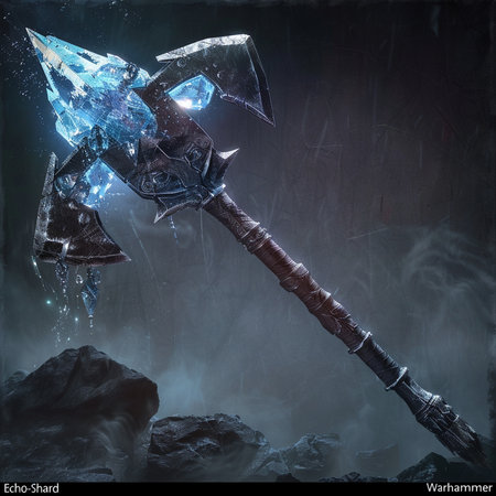 Fantasy illustration of a crystal ax with a sharp blade on a dark background.の素材