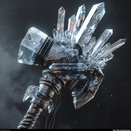 3D rendering of a robot hand holding crystal crystals in space.の素材