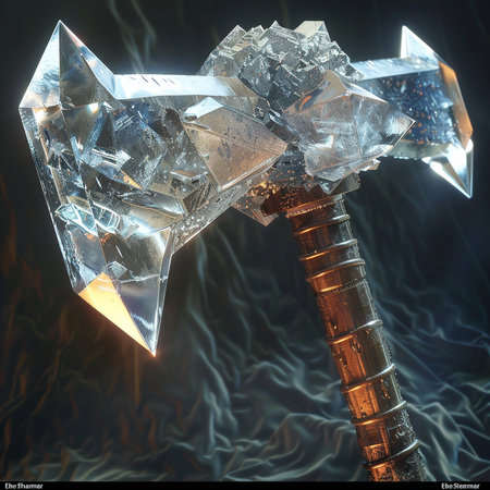 Fantasy crystal sword with ice and fire background. 3d illustrationの素材