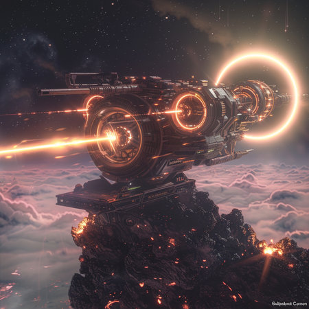 Futuristic spaceship flying over the clouds. 3D Renderingの素材