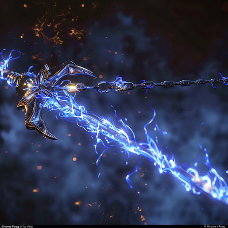 Fantasy illustration of a sword with a lightning in the background.の素材