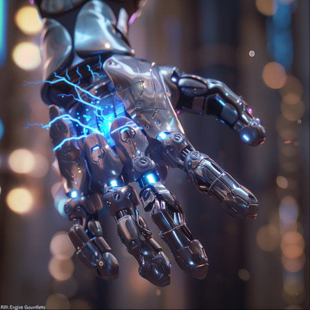 3d rendering robot hand with electric light flare on bokeh backgroundの素材