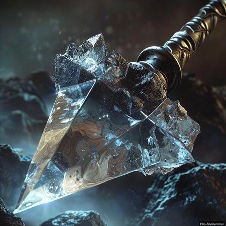 3D illustration of a crystal sword with a sharp blade on a dark backgroundの素材