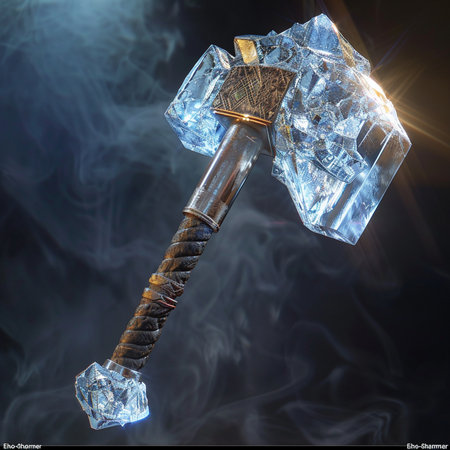 Hammer and ice on a black background. 3d rendering.の素材
