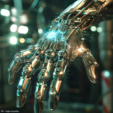 3d rendering of a robot hand with a luminous glow.の素材