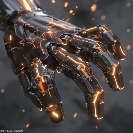 3D rendering of futuristic robot hand with glowing particles. Futuristic technology concept.の素材