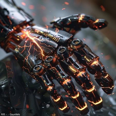 Close-up of robot hand with electrical sparks. 3D renderingの素材
