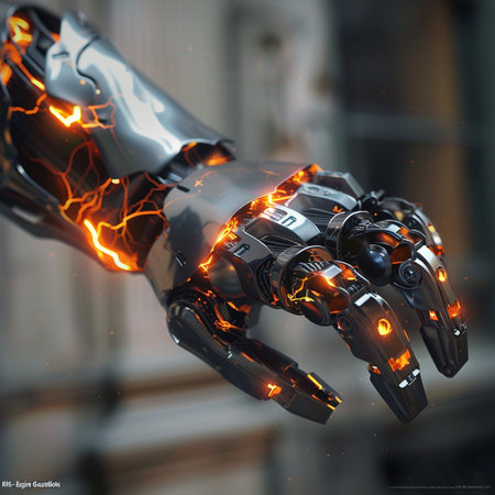 Fiery robot hand. Futuristic technology concept. 3D Renderingの素材