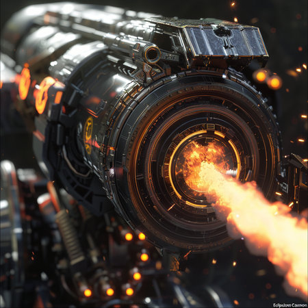 3d rendering of a space ship engine with a fire in the backgroundの素材