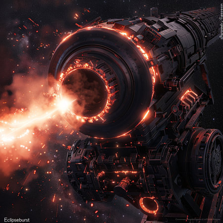 3D rendering of a space ship with a red core and sparksの素材