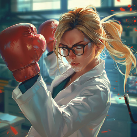 Blonde female scientist with red boxing gloves standing in the laboratory.の素材