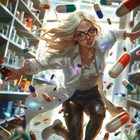 Portrait of a beautiful blonde woman with long hair in a white shirt and glasses. She is surrounded by pills and capsules. 3d renderingの素材
