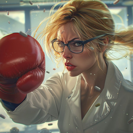 Funny girl in glasses and a white coat with red boxing glovesの素材