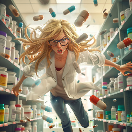 Beautiful young woman with long blonde hair in a white medical gown and glasses is jumping over the shelves full of pills in a pharmacy.の素材