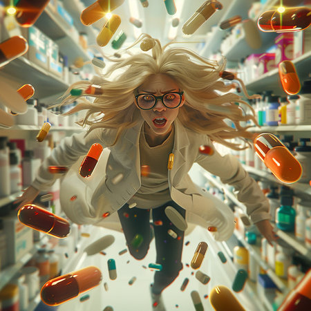 Beautiful blonde woman in a pharmacy. 3d rendering toned imageの素材