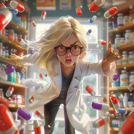 Surprised female pharmacist with many pills in her hands. 3D rendering.の素材