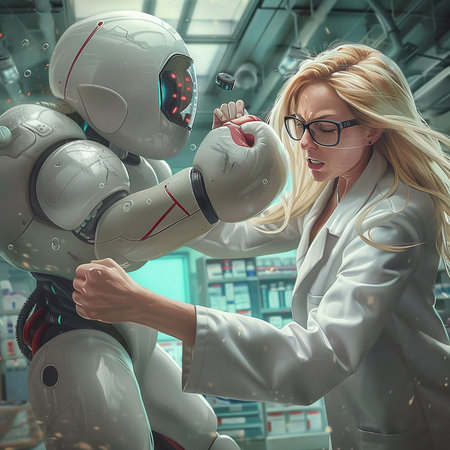 A female robot and a female doctor working together in a laboratory.の素材