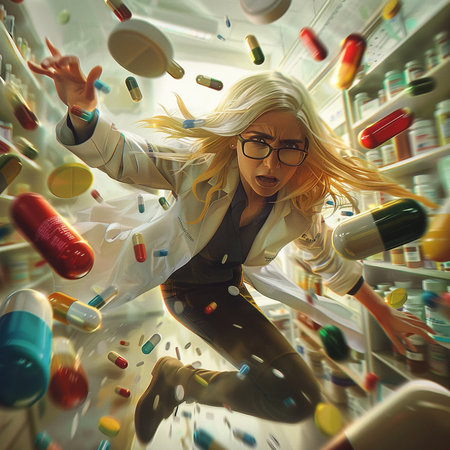 Blonde female pharmacist working in a drugstore. Conceptual image.の素材