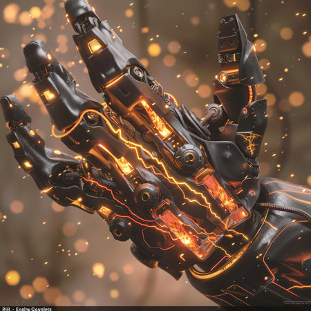 Futuristic robot hand with glowing neon lights. 3d renderingの素材