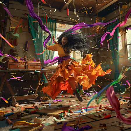 Beautiful young woman in orange dress dancing with colorful ribbons and confettiの素材