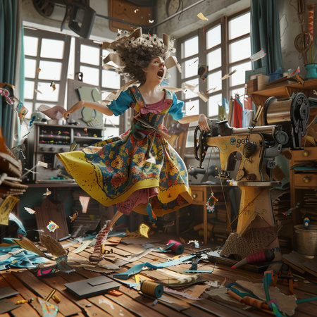 Fashion designer in her studio. Photo in old color image style.の素材