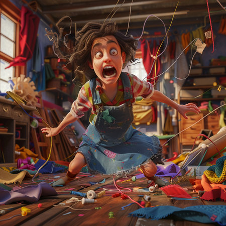 Funny little girl playing with colorful threads in the workshop. Concept of creativity.の素材