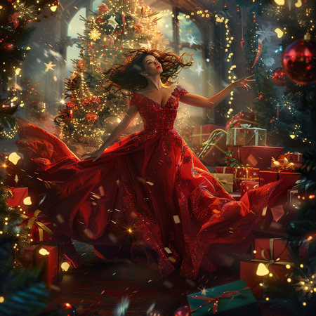 Beautiful young woman in a long red dress in the interior of the Christmas tree.の素材