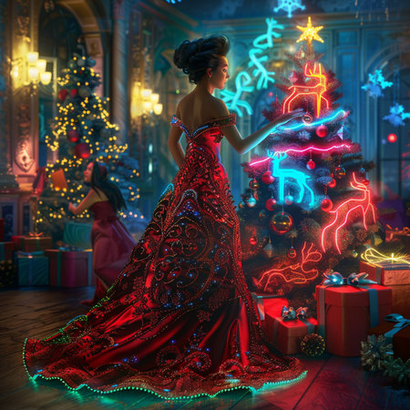 Beautiful young woman in a long red evening dress stands near the Christmas tree.の素材