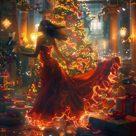 Beautiful girl in a long red dress dancing at the Christmas tree.の素材