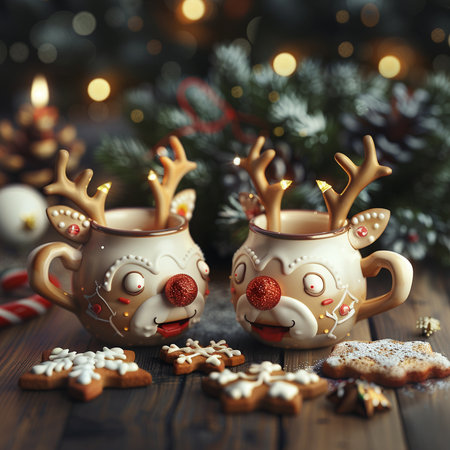 Christmas and New Year composition with cup of hot chocolate, gingerbread cookies, Christmas tree and decorations on wooden backgroundの素材