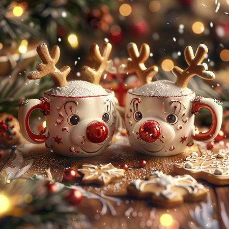 Christmas greeting card with cup of hot drink and Christmas decorations on wooden backgroundの素材