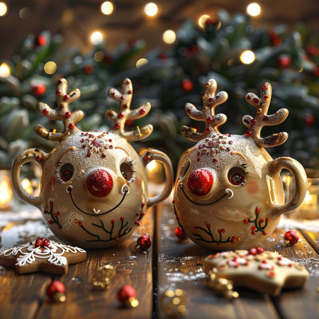 Christmas cookies with reindeer and snowflakes on wooden backgroundの素材