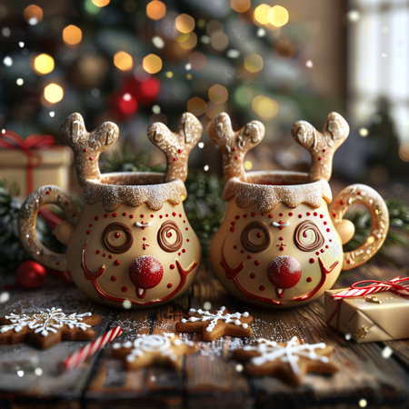 Christmas composition with cup of hot chocolate with reindeer, cookies and lights on wooden backgroundの素材
