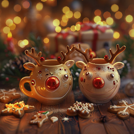 Mug of hot chocolate with reindeer and christmas decoration. 3D illustrations.の素材