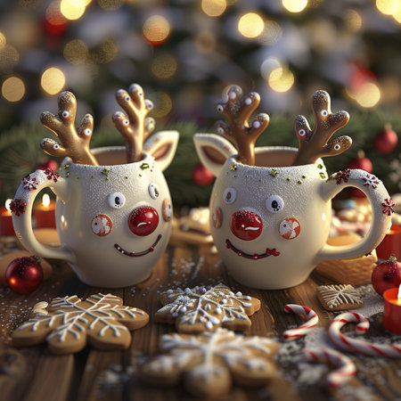 Christmas and New Year still life with cup of hot chocolate with reindeer and gingerbread cookies on wooden backgroundの素材