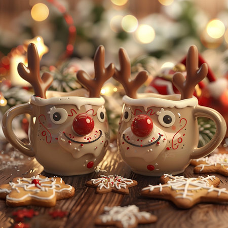 Ceramic Christmas cup with reindeer decoration on wooden backgroundの素材