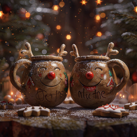 Christmas and New Year background with two ceramic mugs with funny facesの素材