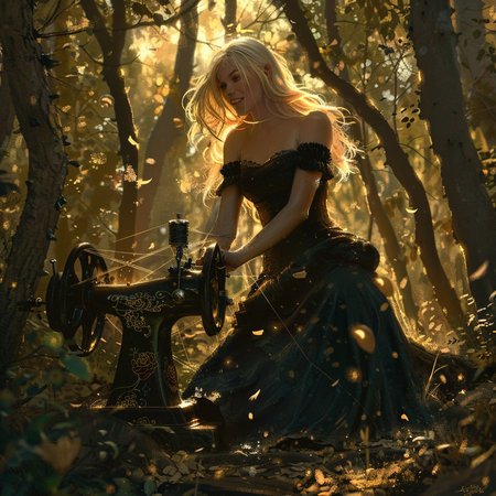 beautiful blond woman with sewing machine in the autumn forest at sunsetの素材