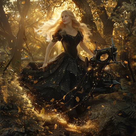 Beautiful young woman in a long red dress dancing in the interior of the Christmas tree.の素材