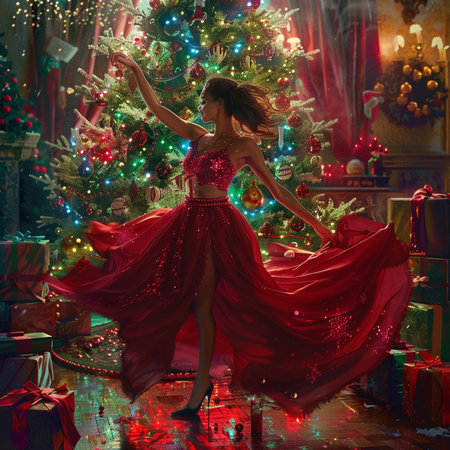 Beautiful young woman in a long red dress dancing on the background of a Christmas tree.の素材