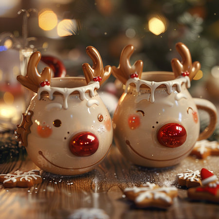 Christmas and New Year's still life with cup of hot drink and reindeer.の素材