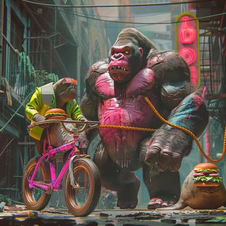 Gorilla rides on a bicycle in Kathmandu, Nepalの素材