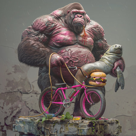 Gorilla eating a burger and a bicycle in the rain.の素材
