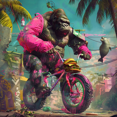 Gorilla riding a bicycle on the street, Rio de Janeiro, Brazilの素材